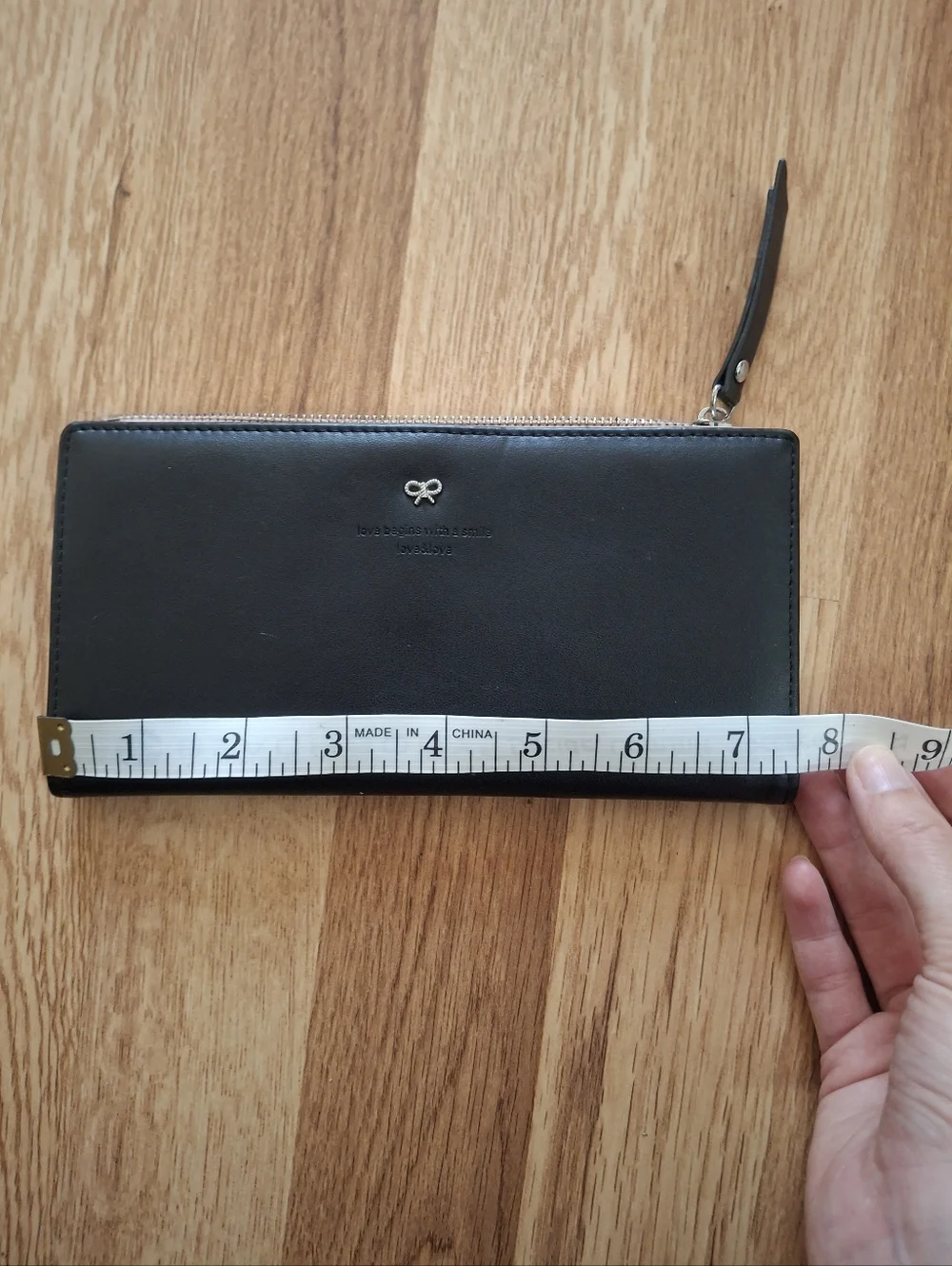 Miniso Black Zip Wallet with Tiny Bow Detail And Cute Saying Vegan Leather